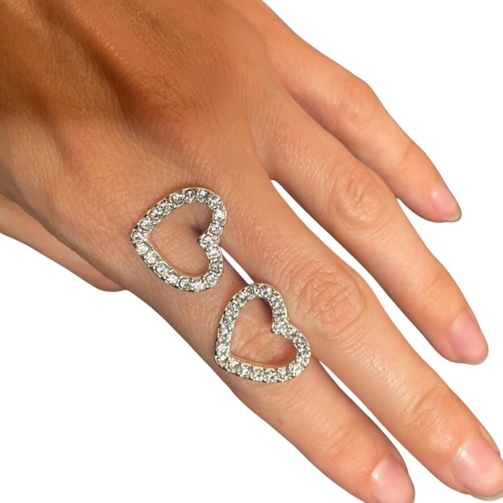 Silver Tone Rhinestone Open Heart Stud Earrings Clear Crystal Pavé Romantic Chic